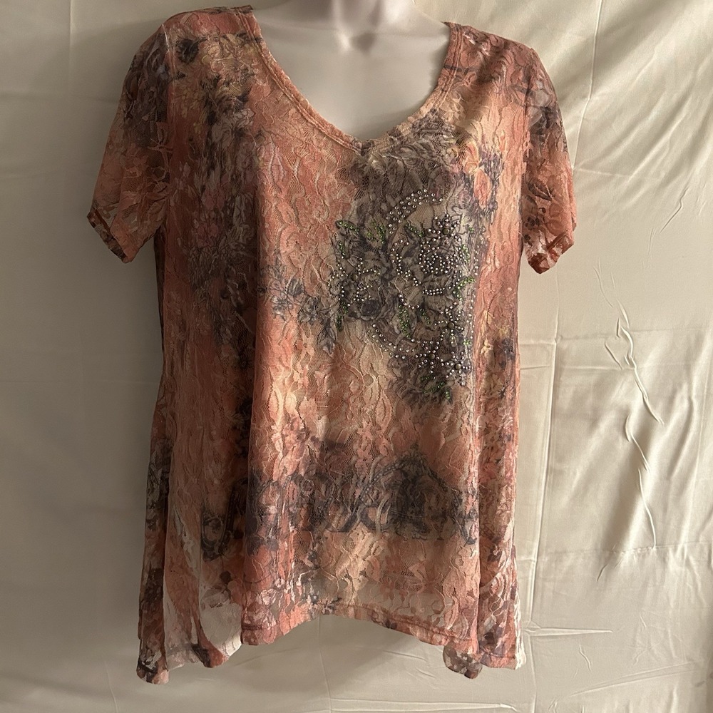 New PL 7 wonders Women's Floral Lace Beaded Rhinestone Flared Top #1863*8